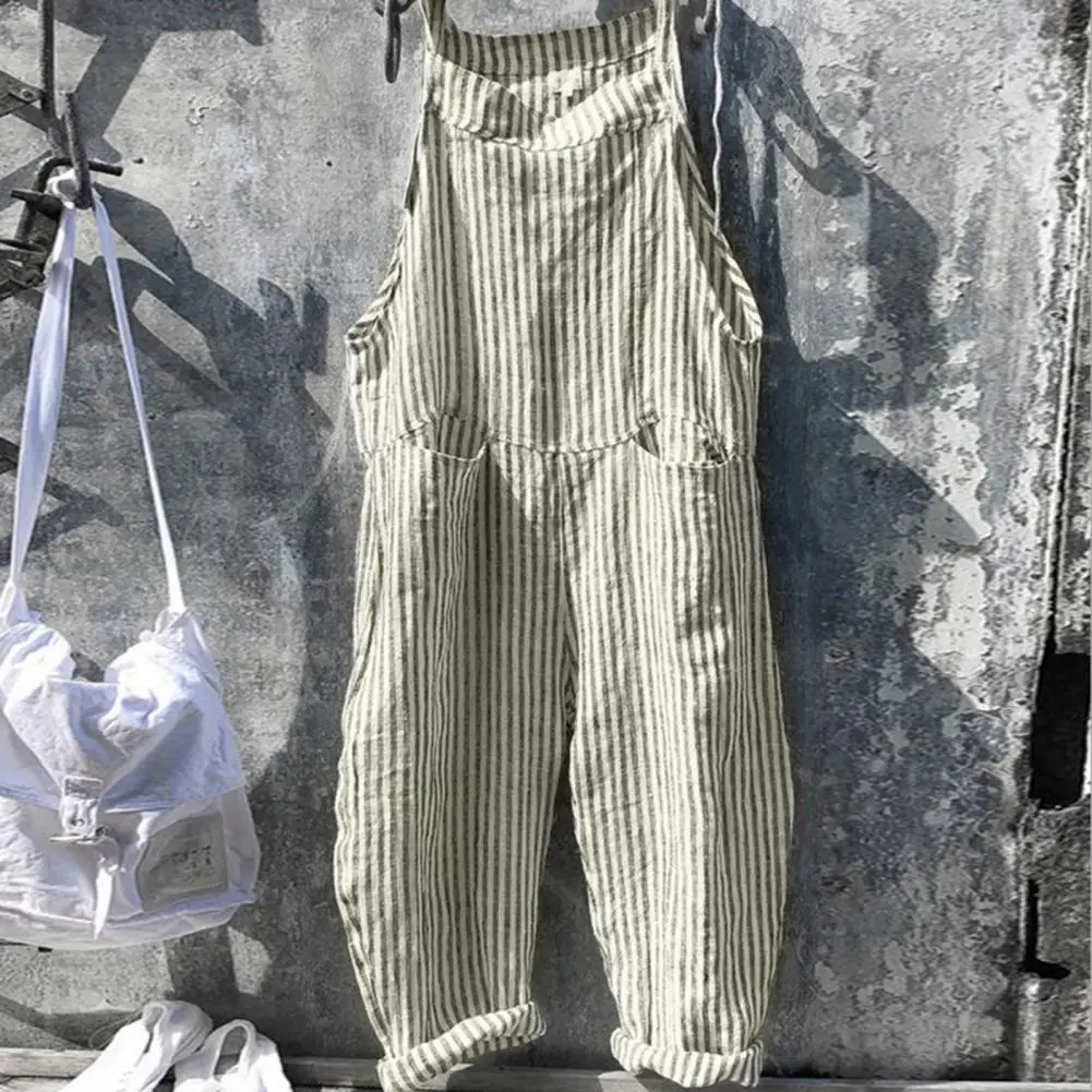Striped Print Overalls Women Summer Jumpsuit Stylish Women's Striped Jumpsuit with Big Patch Pockets Plus Size Loose for Summer 5