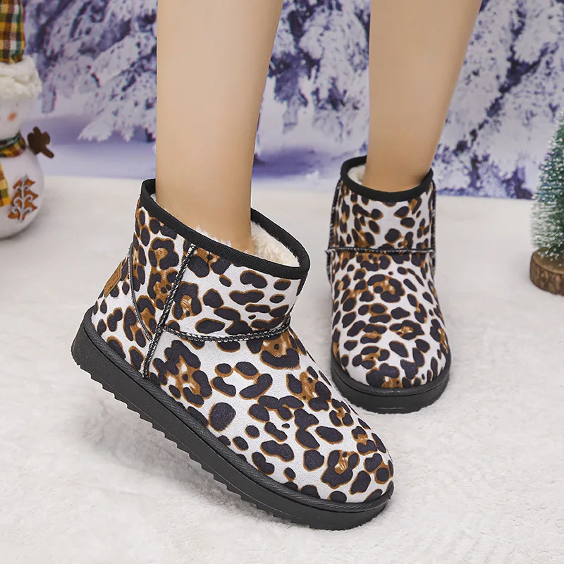 Winter Women Leopard Platform Snow Boots Classic Genuine Cow Leather Plush Fashionable Short Boots Female Warm Cotton Shoes