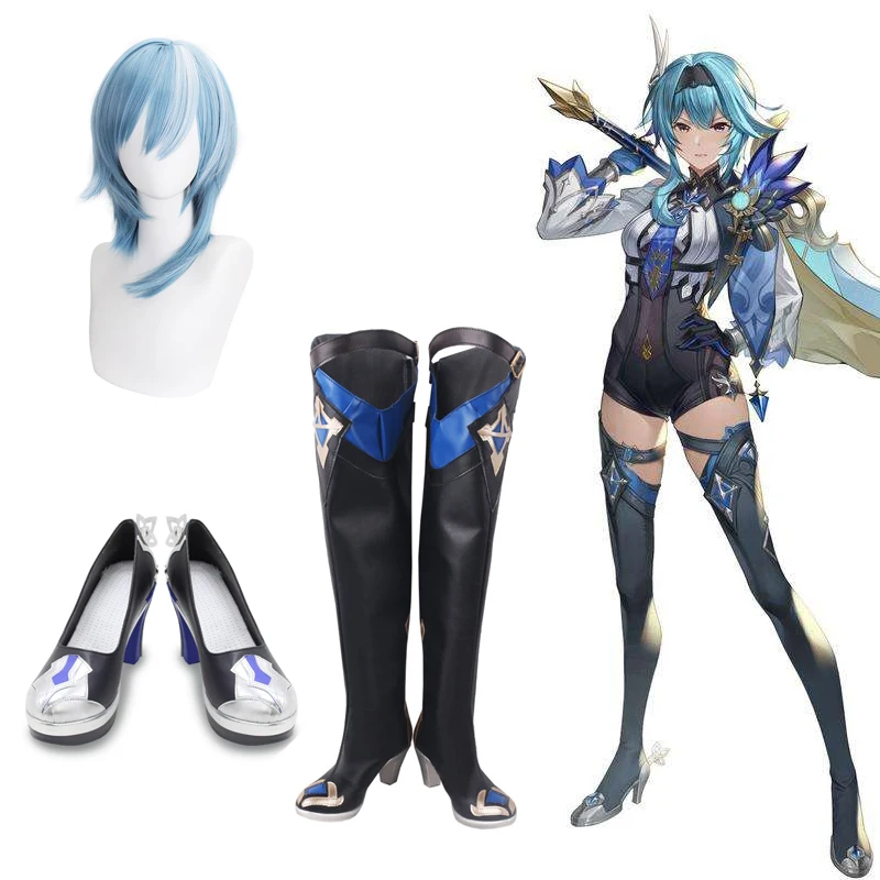 

Anime Genshin Impact Eula Cosplay Shoes Custom Made Boots Synthetic Wigs Blue Curly Hair For Halloween Carnival Party