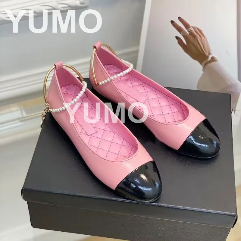 

New Spring Women Shoes Size 42 Genuine Leather Ballet Flats Mary Janes Chain Pearls Metal Decor Designer Shoes Zapatillas Mujer