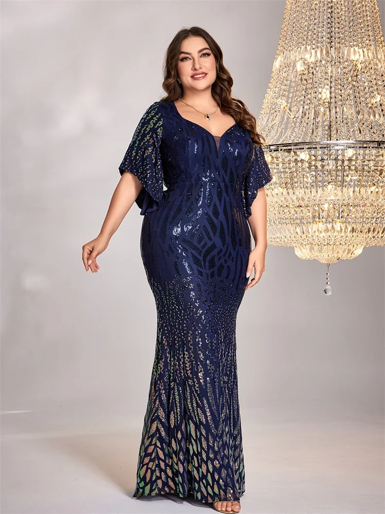 Lucyinlove Plus Size Elegante Flare Mouw Pailletten Avondjurk Vrouwen Floor Lenght Maxi Bruiloftsfeest Zeemeermin Prom Cocktail Jurk