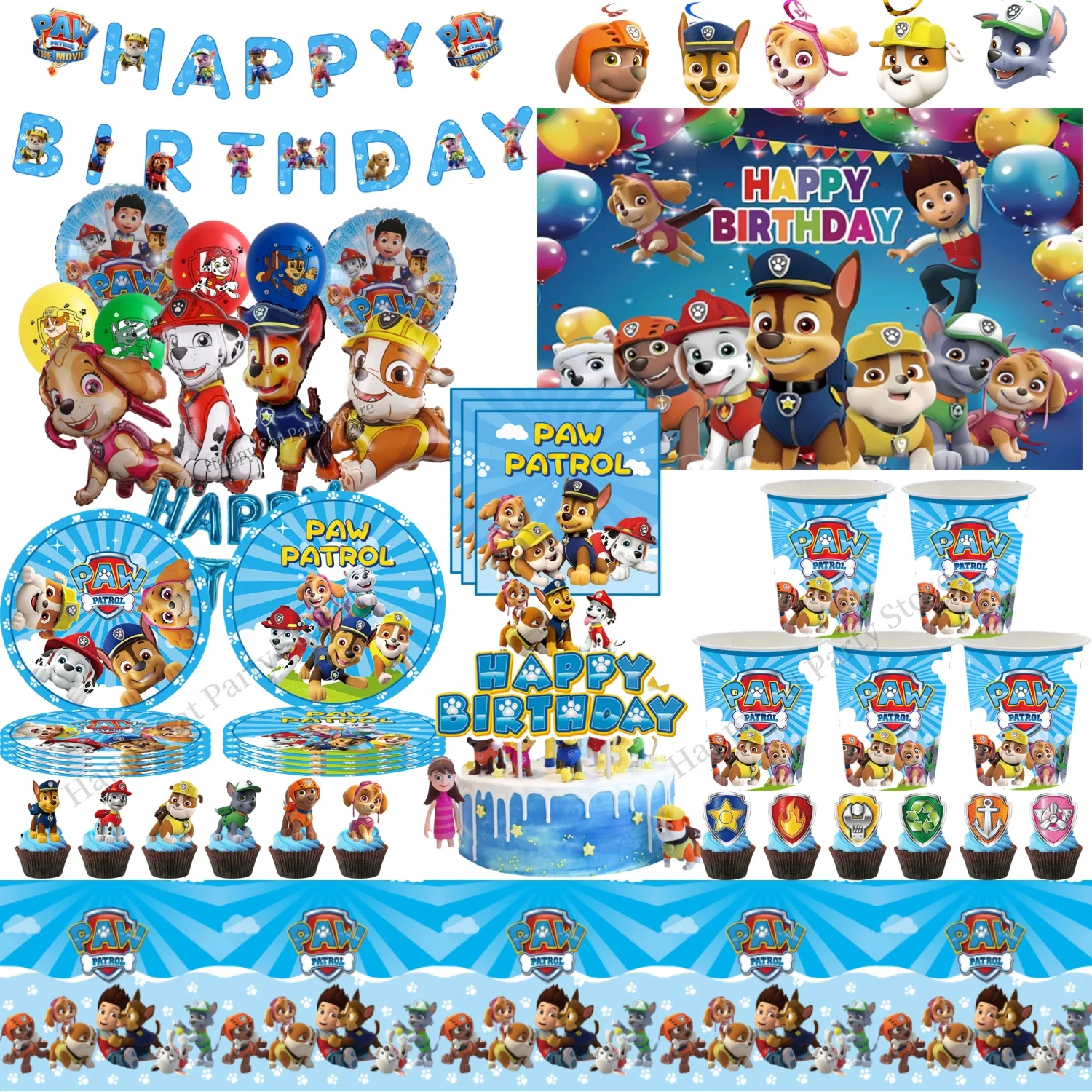 Paw Patrol Geburtstags-Tischdecke, Paw Patrol Geburtstagsparty-Dekoration, Teller, Becher, Besteck, Taschen, Ballons, Paw Patrol Party-Geschenke und Zubehör