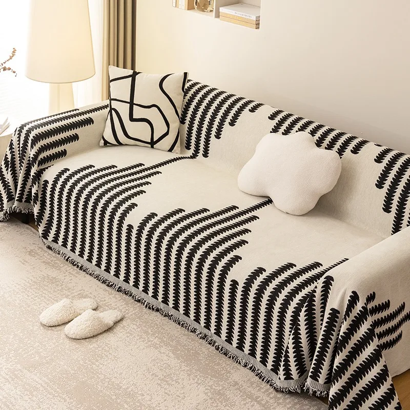 1pc Chenille Sofa Towel & 1pc Waffle Pillow Case, Sofa Towel for Living Room French Style Home Decor Sofa Cover Tassel Edge 2