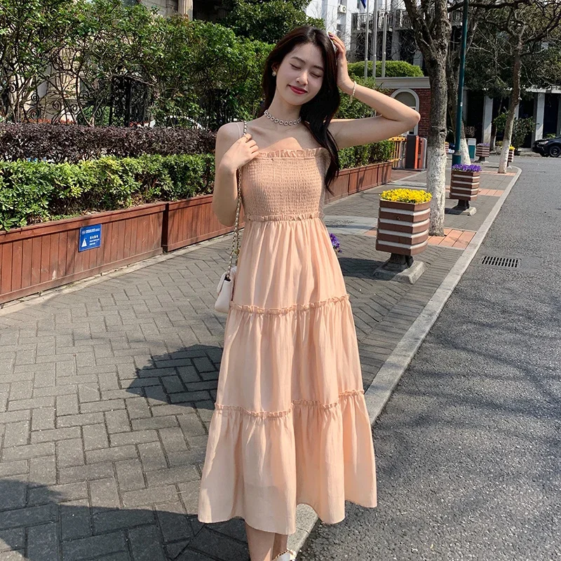 

Spring and Summer New 2023 Suspenders Sweet Pleated Dress Korean Version of The Ruffle Edge In The Long Set of Solid Color Dress