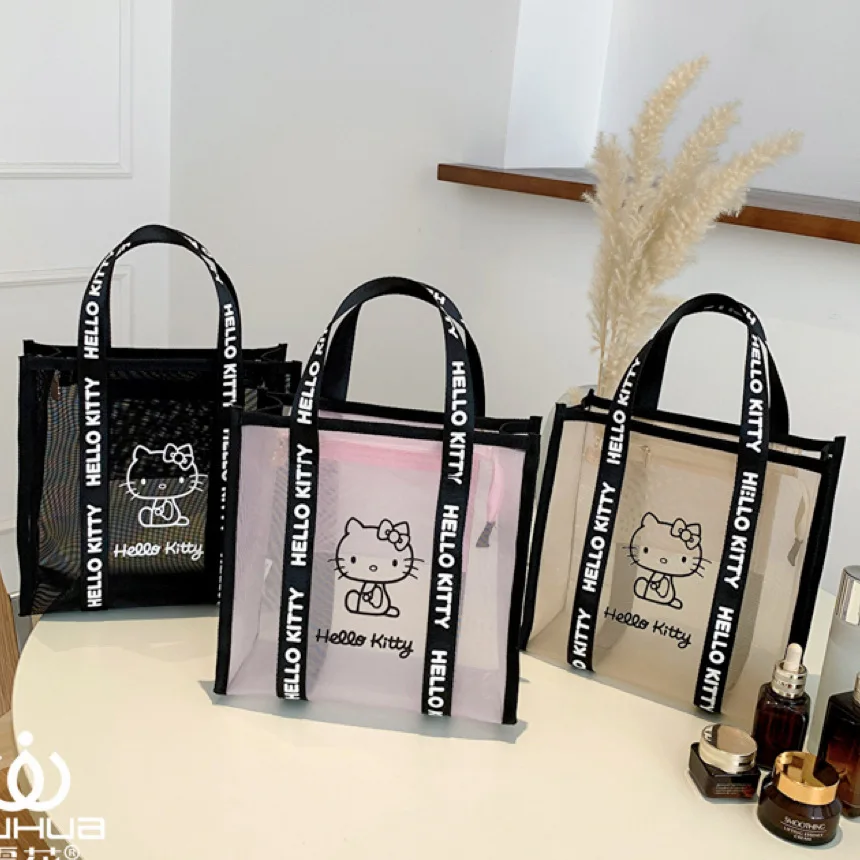 

Kawaii Sanrio Hello Kitty Tote Case Mesh Makeup Cosmetic Bag Large Capacity Toiletry Bag Portable Travel Storage Girls Gifts