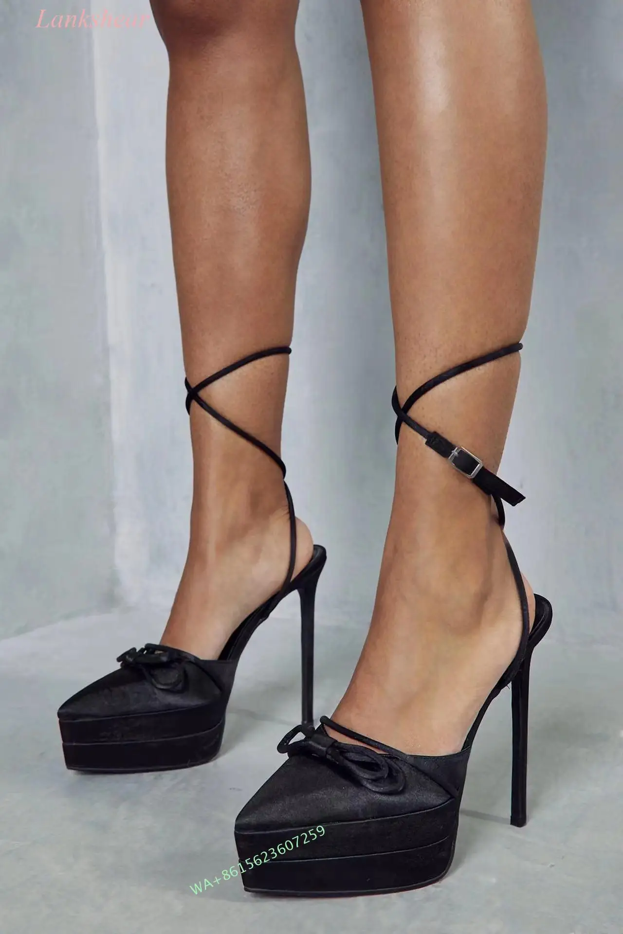 

2024 New Spring and Summer Women's Black Satin Bow Detail Mid Heeled Pointed Toe Platform High Heels Ankle Cross Strap Sandals