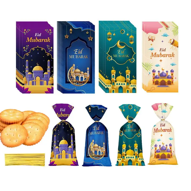 

50pcs Eid Party Gift Wrapping Bags with Twist Ties Make Eid Special Flat Gift Pouches with Moon & Castle for Candy Snacks Favors