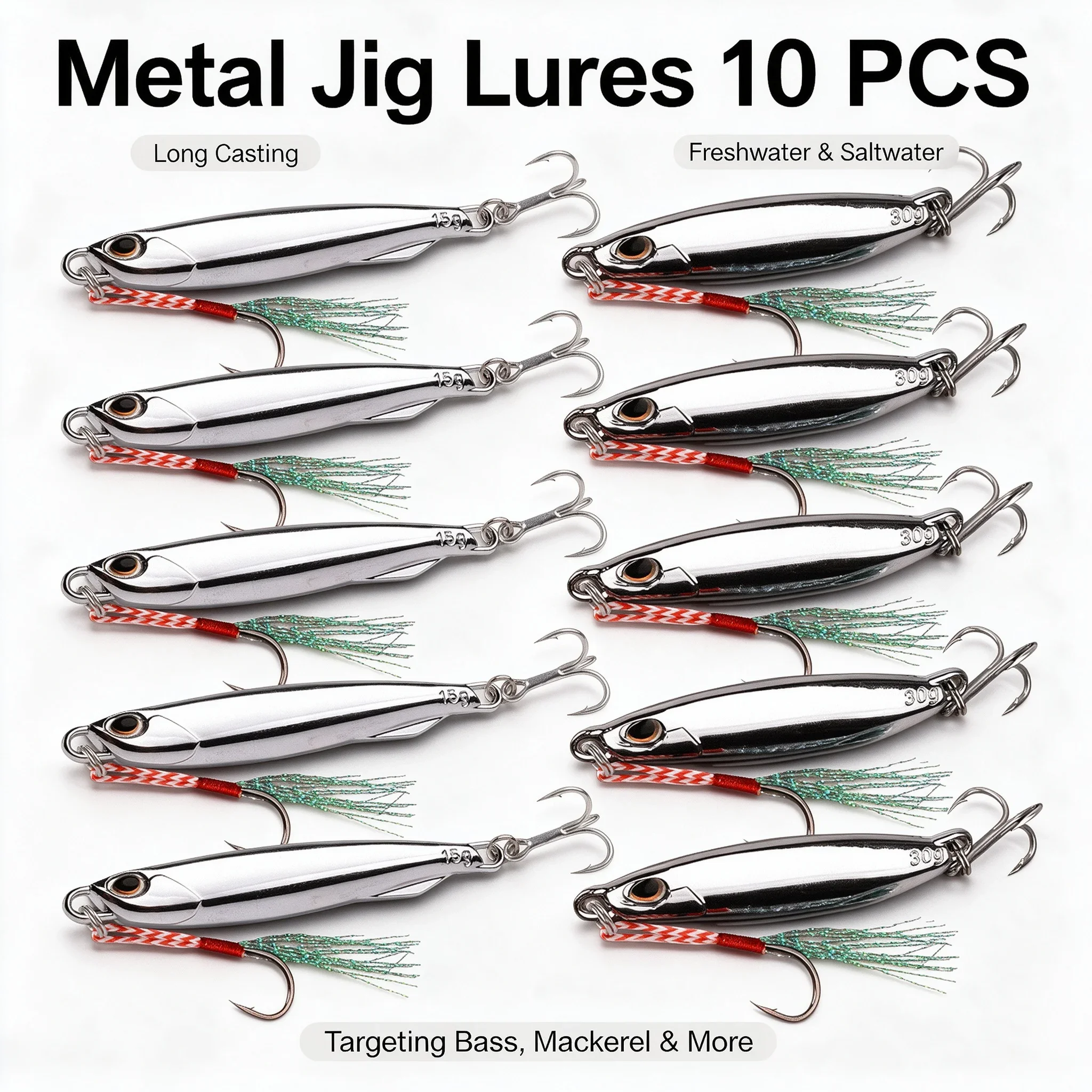 10 Stück Metall-Guss-Jig-Löffelköder-Set 30g 40g mit Haken für Wolfsbarsch-Jigging, künstlicher Köder, Makrelen-Angelköder