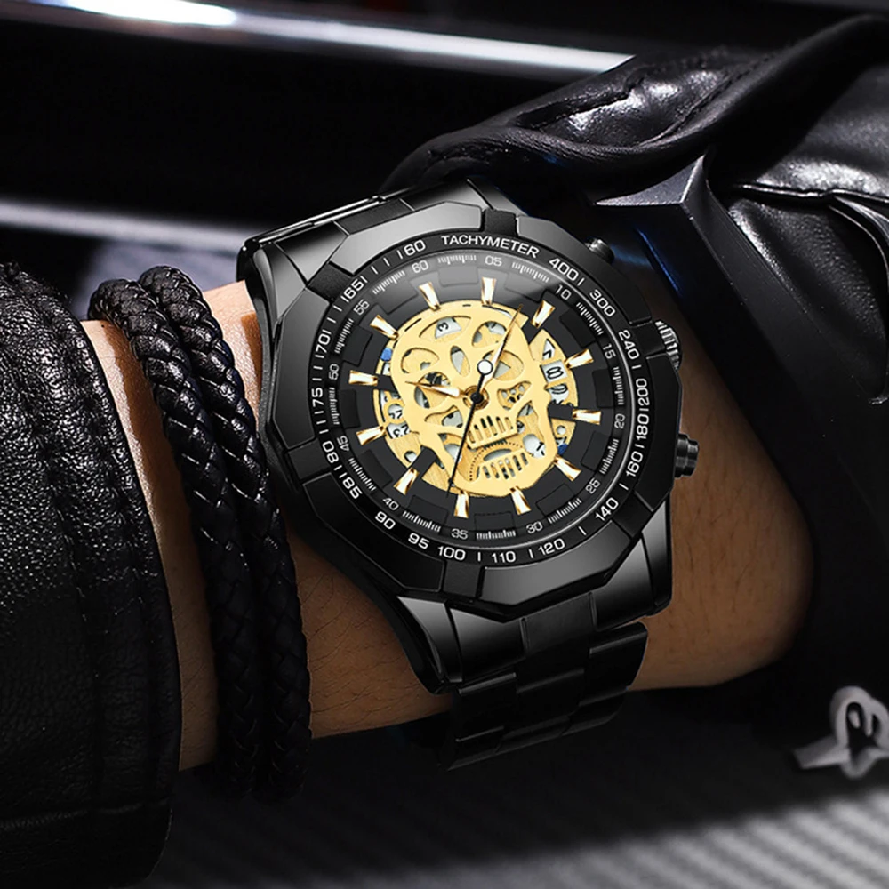 Big Dial Quartz Watch for Men Skull Carving Skeleton Sports Wristwatch Fashion Luxury Black Male Clock Dropshipping Men's Watch
