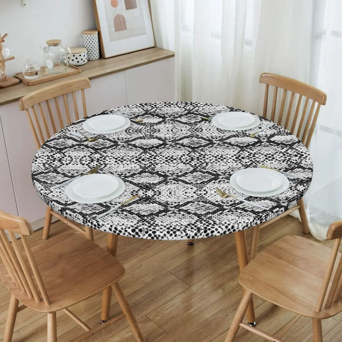

Round Waterproof Snake Skin Texture Table Cover Elastic Fitted Snakeskin Print Table Cloth Backed Edge Tablecloth for Dining