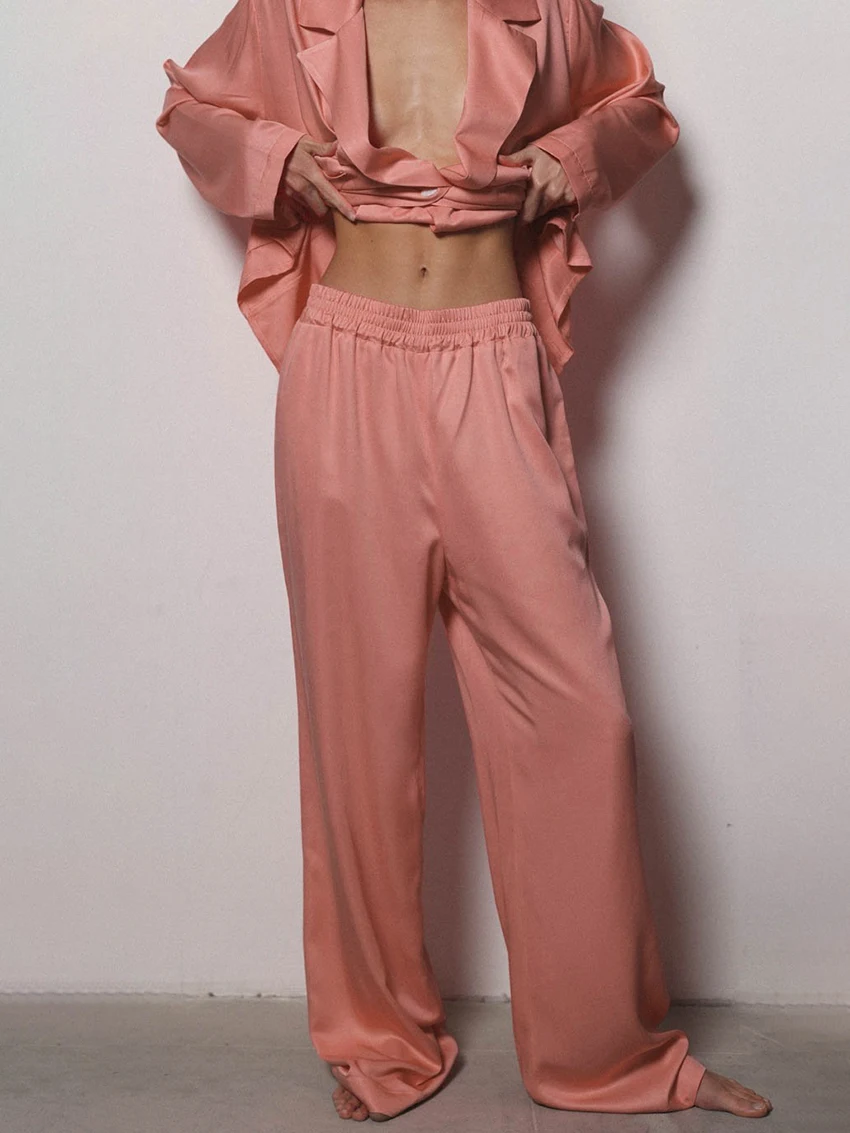 Marthaqiqi Spring Ladies Pajama Suit Sexy Turn-Down Collar Sleepwear Long Sleeve Pyjamas Wide Leg Pants Casual Women Nightie Set