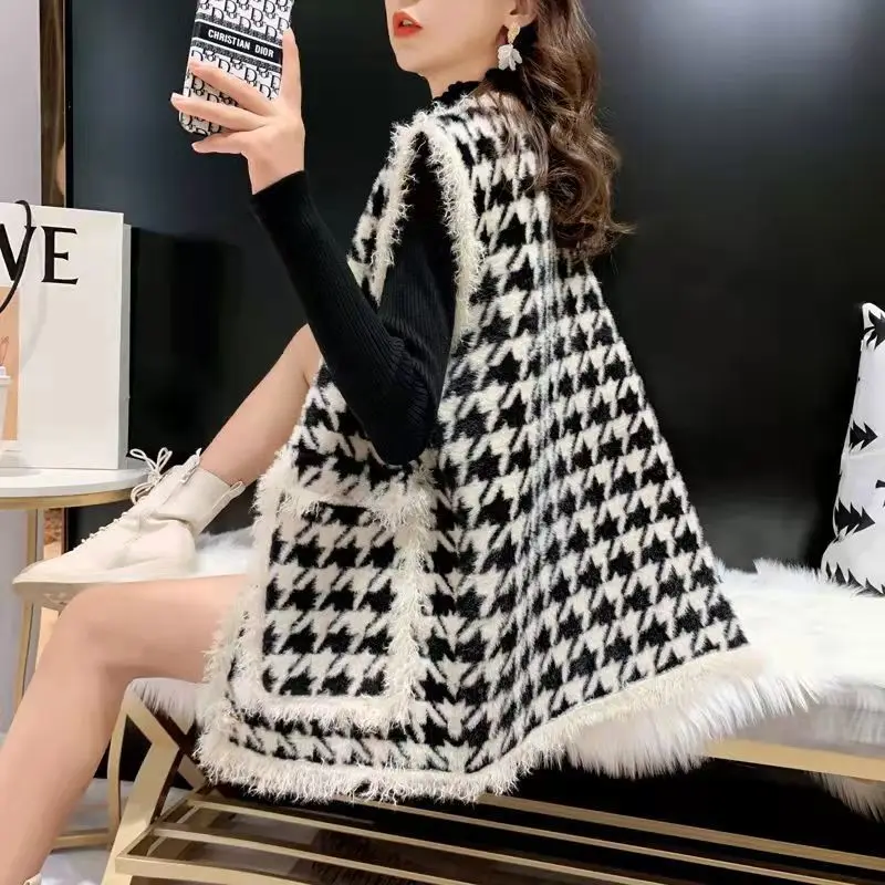 Autumn Winter Korean Style Houndstooth Print Vest Ladies Elegant