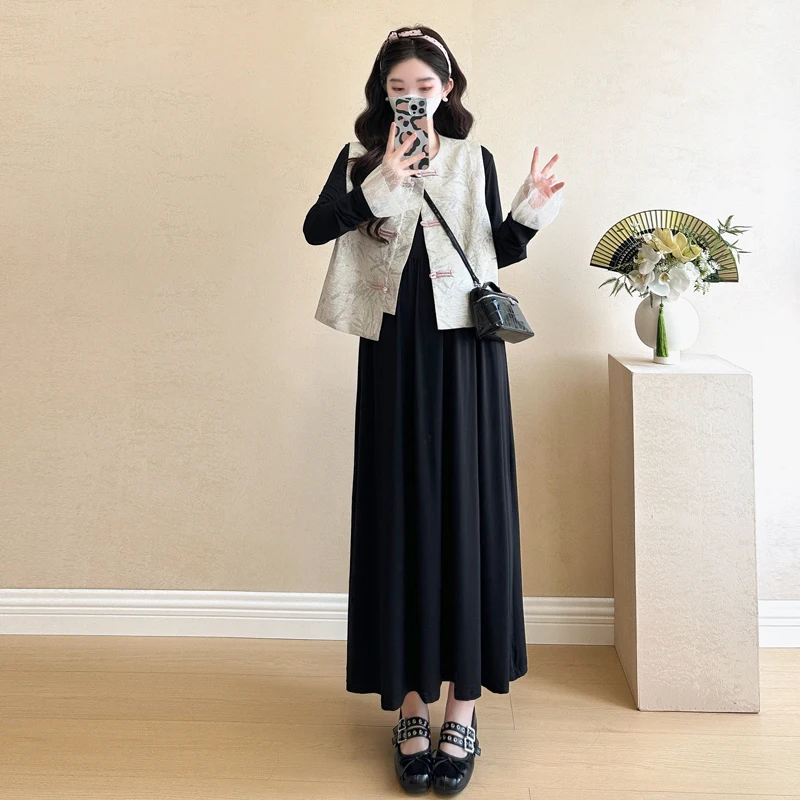 Chinese Style Maternity Fashion Clothes Set Large Size Lace Dress Vest Jacket Two-piece Set High Lady Long Loose Knit Dress Suit