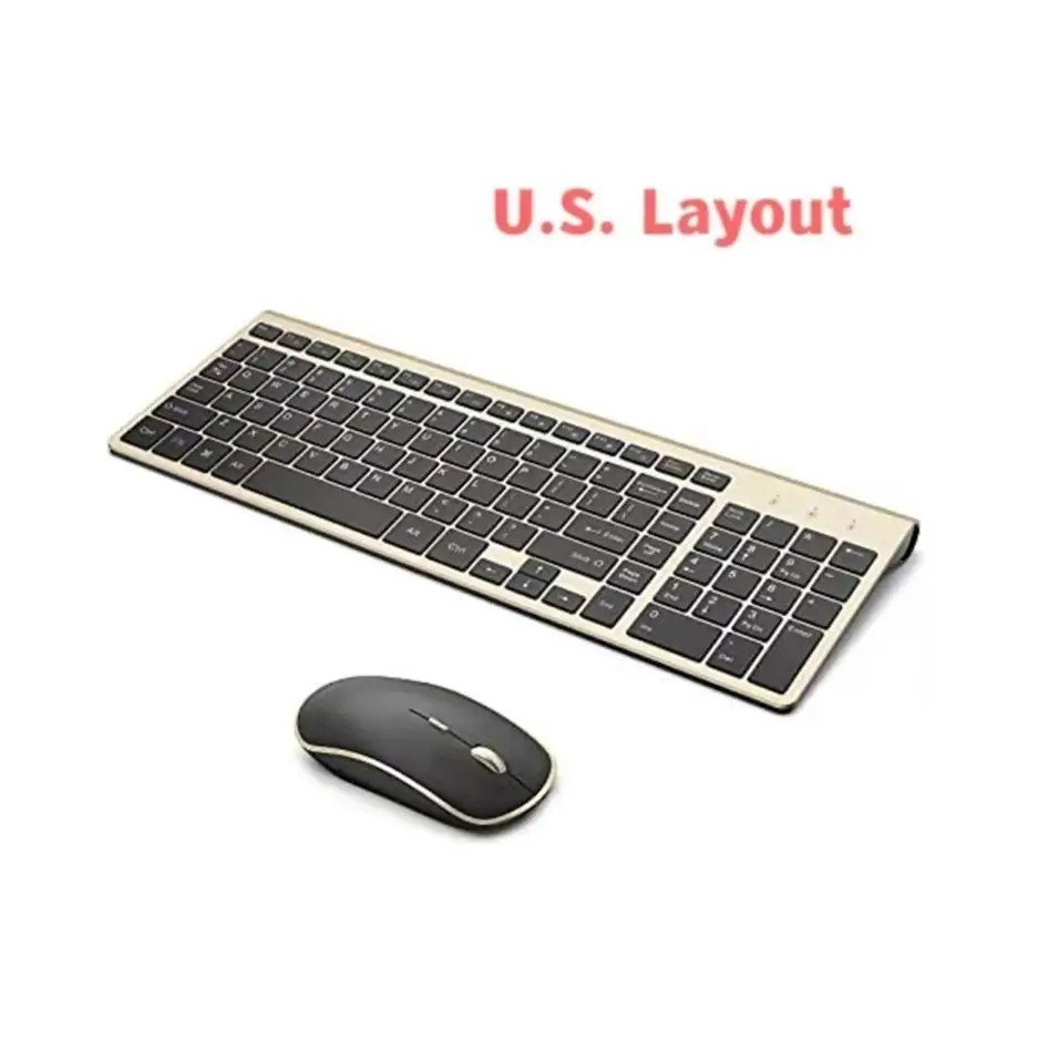 Teclado sem Fio Mouse Combo 2.4g Fino Teclado sem Fio e Mouse Ergonômico Compacto Tamanho Completo Disposição dos Eua para Pc-ouro Preto