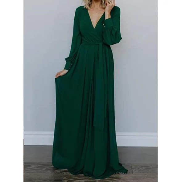 

Women Long Sleeve V Neck Dress 2022 Autumn Winter Elegant Women's Evening Dress Solid Color Large Size Party Long Dresses