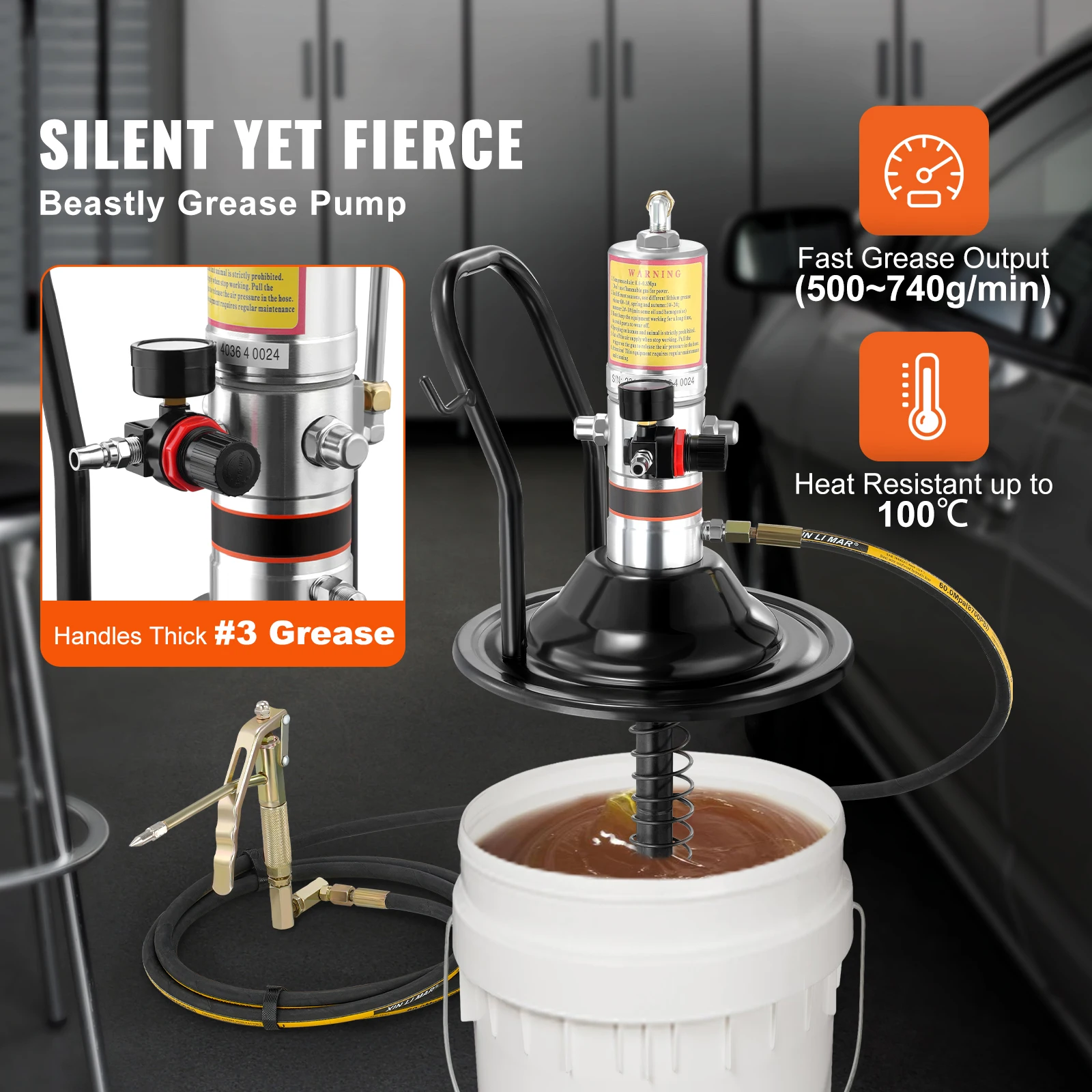 SucceBuy Grease Pump 50:1 Pressure Ratio Air Operated with 13ft Hose Barrel Cap and Lubrication 360° Grease Gun Head for Cars