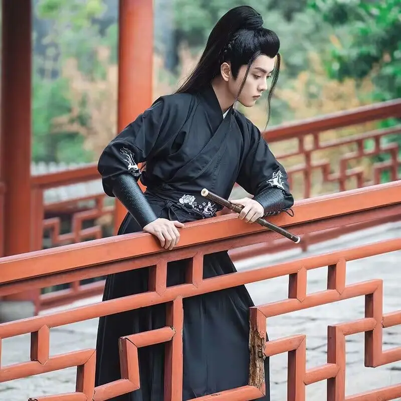 남성용 중국 전통 코스프레 의상, 할로윈 의상, 고대 한푸 의상, 블랙 & 레드 셔츠 및 스커트 세트, 라지 사이즈 4XL