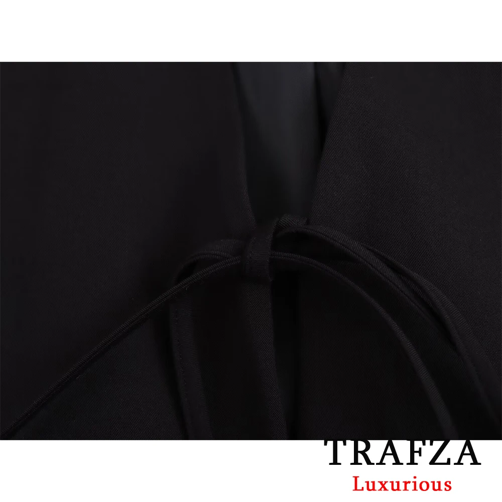 TRAFZA Casual Oversized Black Blazer Women V Neck Bow Tie Pockets Loose Jackets Fashion 2025 Streetwear Women Outwears 6