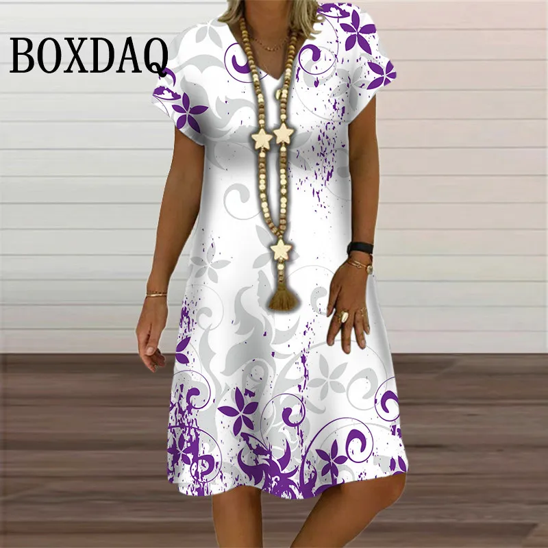 

2024 V-Neck Short Sleeves Dress Summer Fashion Woman Clothing Dress Tie Dye Prints Women's Elegant Party Pullover Plus Size 6XL