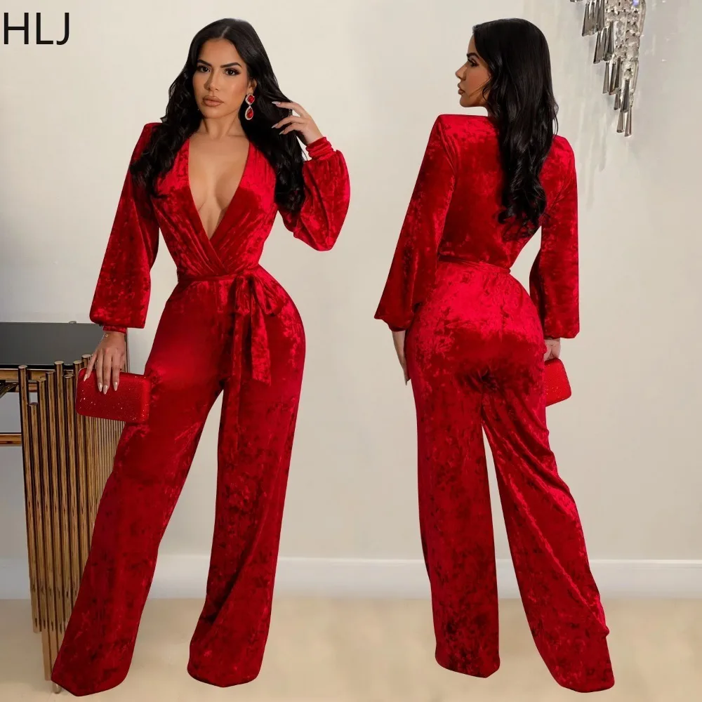 HLJ Fashion Velvet Deep V Slim Lace Up Jumpsuits Women Long Sleeve Solid Color Wide Leg Pants One Piece Playsuits Female Overall