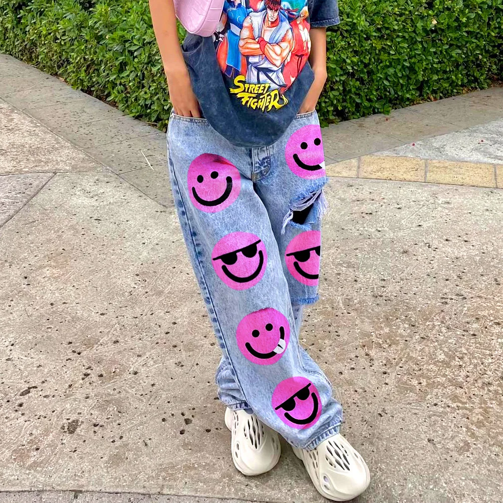 Heart Print Denim Cut Out Distressed Jeans for Women Fashion Baddie Clothes Streetwear High Waist Baggy Pants Blue Y2k Harajuku