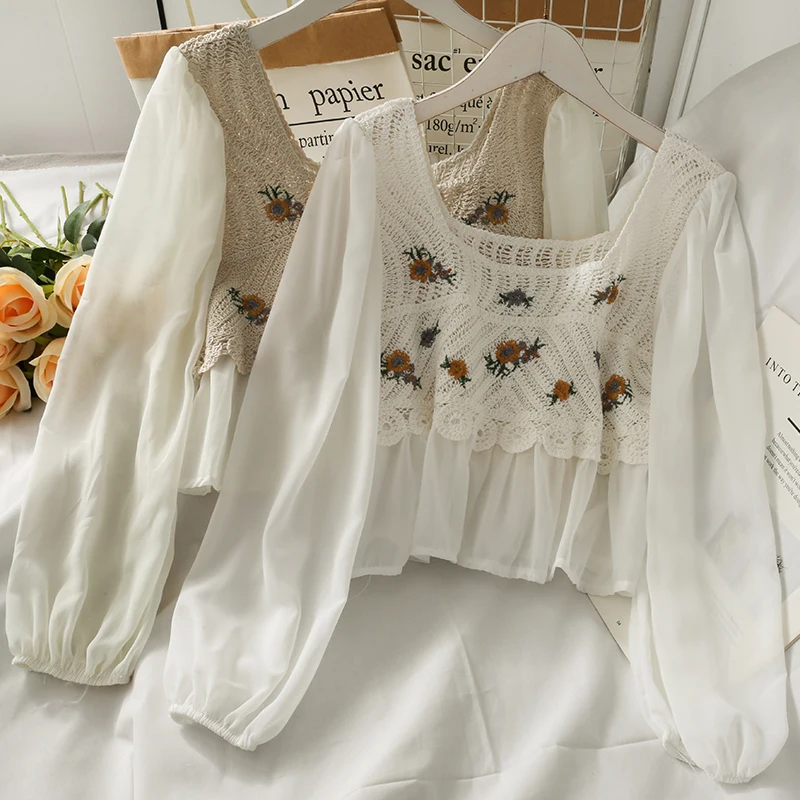 OUMEA  Women Casual Cotton Crochet Blouse Floral Embroidery Openwork Sweet Tops With Sheer Chiffon Sleeve Beach Sheer Cover Up