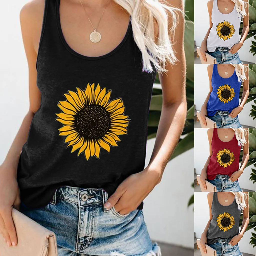Women Plus Size Tanks Vest Tops Summer Sunflower Print Round Neck Sleeveless T-shirt Top Causal Graphic Tee Shirt Women 2022