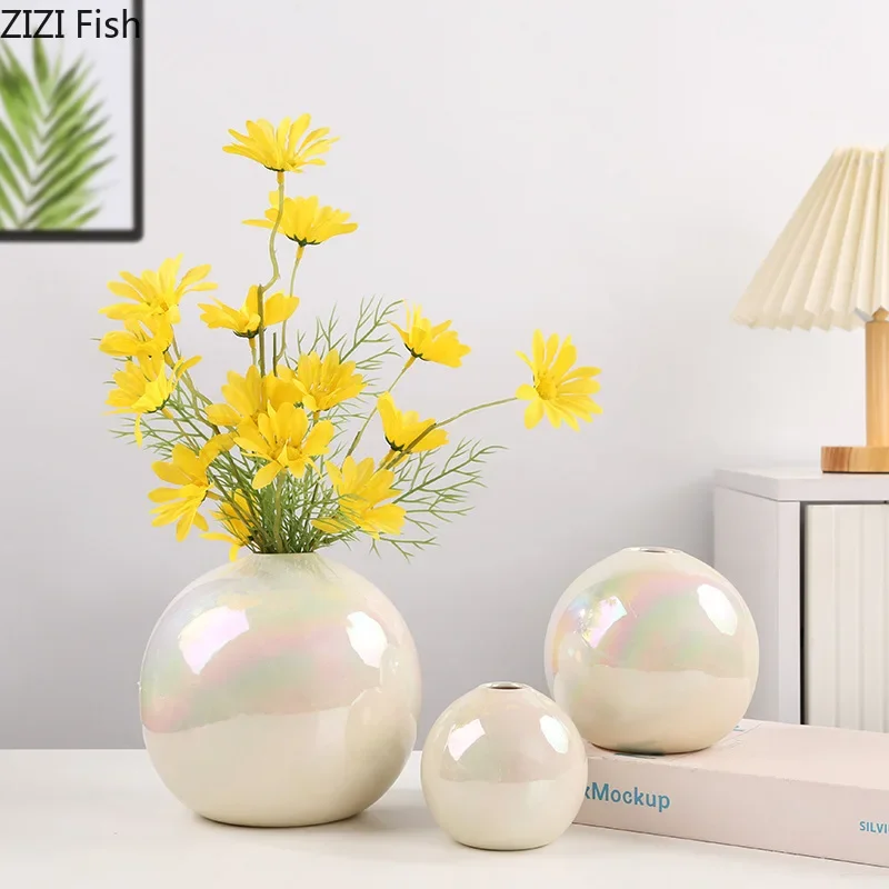 مزهرية سيراميك بيضاء متدرجة ملونة لؤلؤية لتزيين المكتب تشكيلة زهور مزهرية زهور اصطناعية ديكور جمالي للغرفة