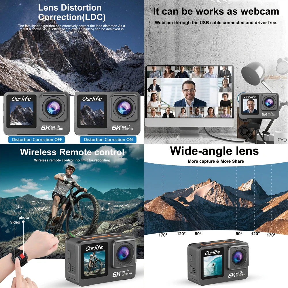 6K 4K60FPS Action Camera 50MP 2.0 Touch LCD Dual Screen EIS WiFi 170° DVR 30M Waterproof 5X Zoom Sport Camera With Remote 3