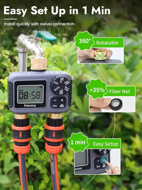 Insoma Smart Irrigation Watering System Dual Outlets Automatic Water Timer Sprinkle Faucet Hose Programmer for Garden Outdoor 4