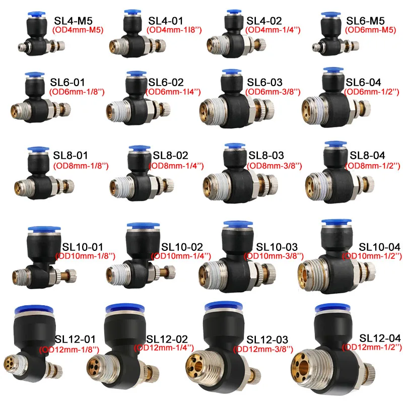 5PCS SL ประเภท 4 6 8 10 12 มม.การเชื่อมต่อ PNEUMATIC FITTING M5 1/8 "1/4" 3/8 "1/2" Air ควบคุมความเร็ววาล์ววปีกผีเสื้อ 1