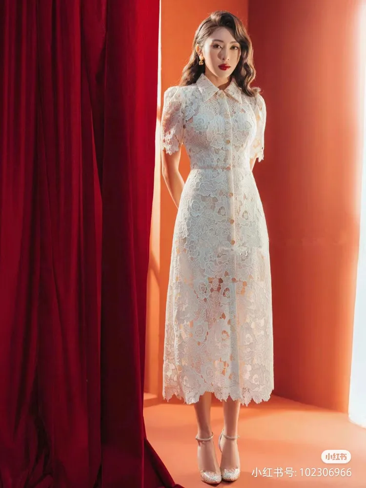 

2023 Summer New Short Sleeve Single Breasted Hollow Out Lace Dress Women New Fashion Luxury Design Runway Dress