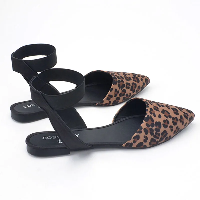 Women's Shoes Stretch Ankle Strappy Sandals Sexy Leopard Print Slingbacks Pumps Pointed-toe Flats Shoes for Women Sandals