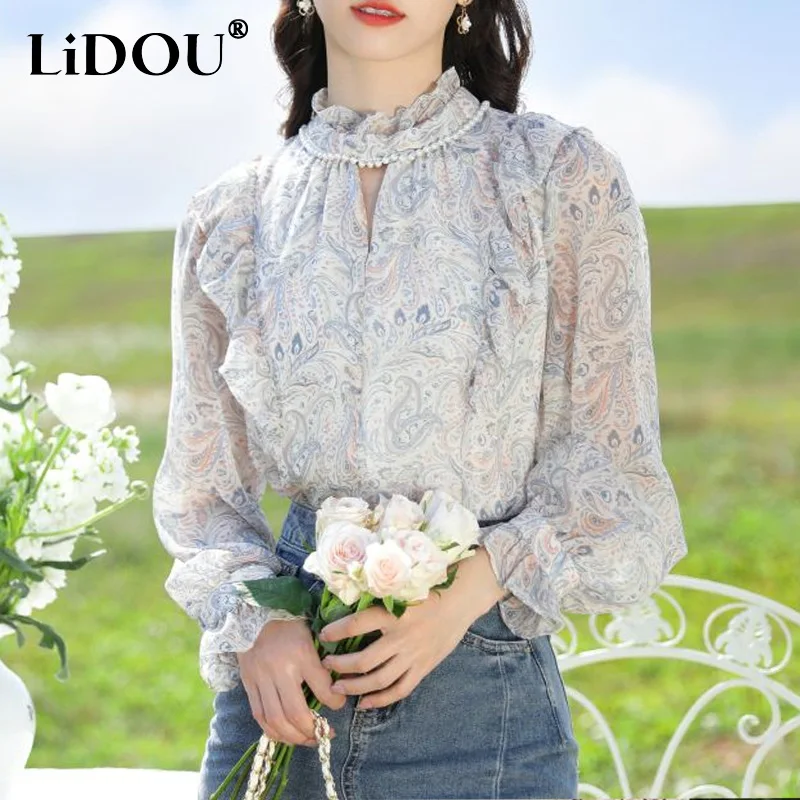 2023 Spring Autumn New Fashion Floral Printing Blouse Women Stand Collar Butterfly Sleeve Loose Shirt Female Temperament Tops