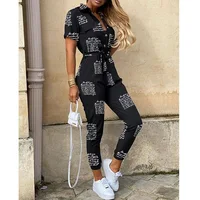 2025 European and American summer women's wear long pants casual lapel buttoned floral belt workwear jumpsuit - Image 2