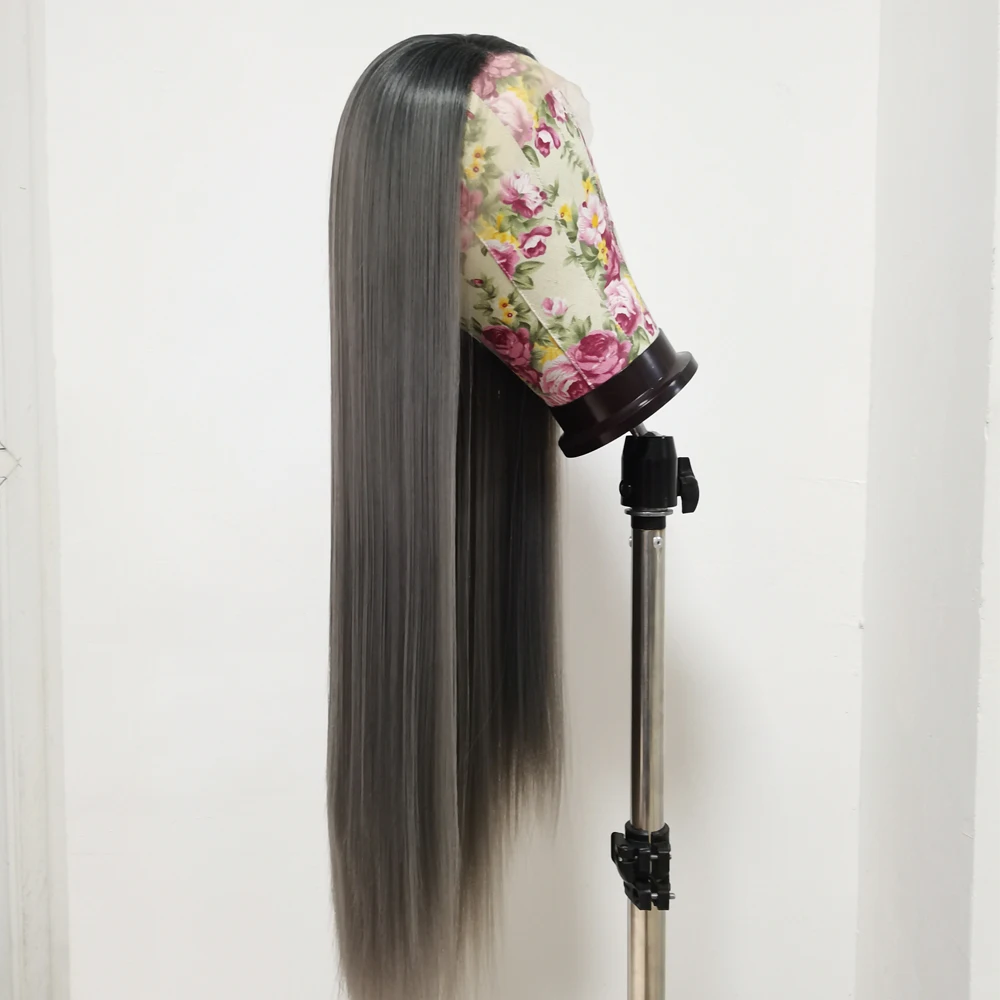 

Gray Lace Front Wig with black Root Gray color Heat Resistant Hair For Women