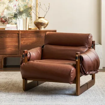 Vintage Solid Wood Leather Lounge Chair 1