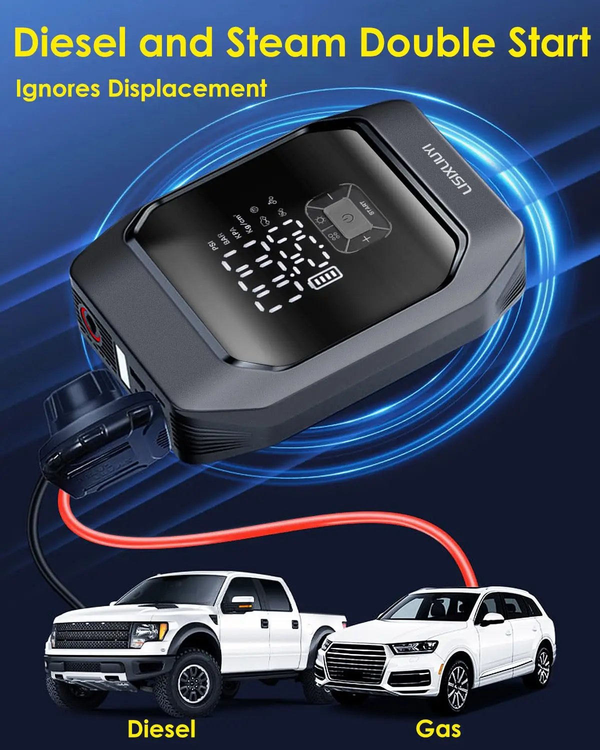 Portable Car Jump Starter with Air Compressor, Tire Inflator 8000mAh Battery Booster for 3.5L Gas /4.0L Diesel Engine 12V