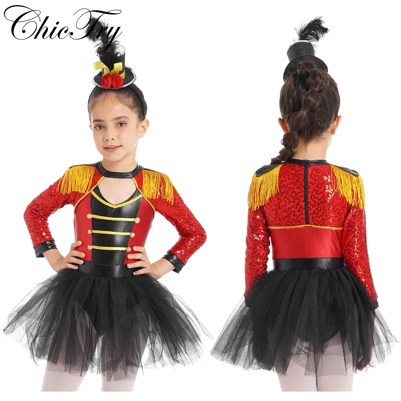 Kids Girls Circus Ringmaster Costume Halloween Cosplay Dress Long Sleeve Lion Tamer Themed Party Carnival Fancy Dress Up Clothes