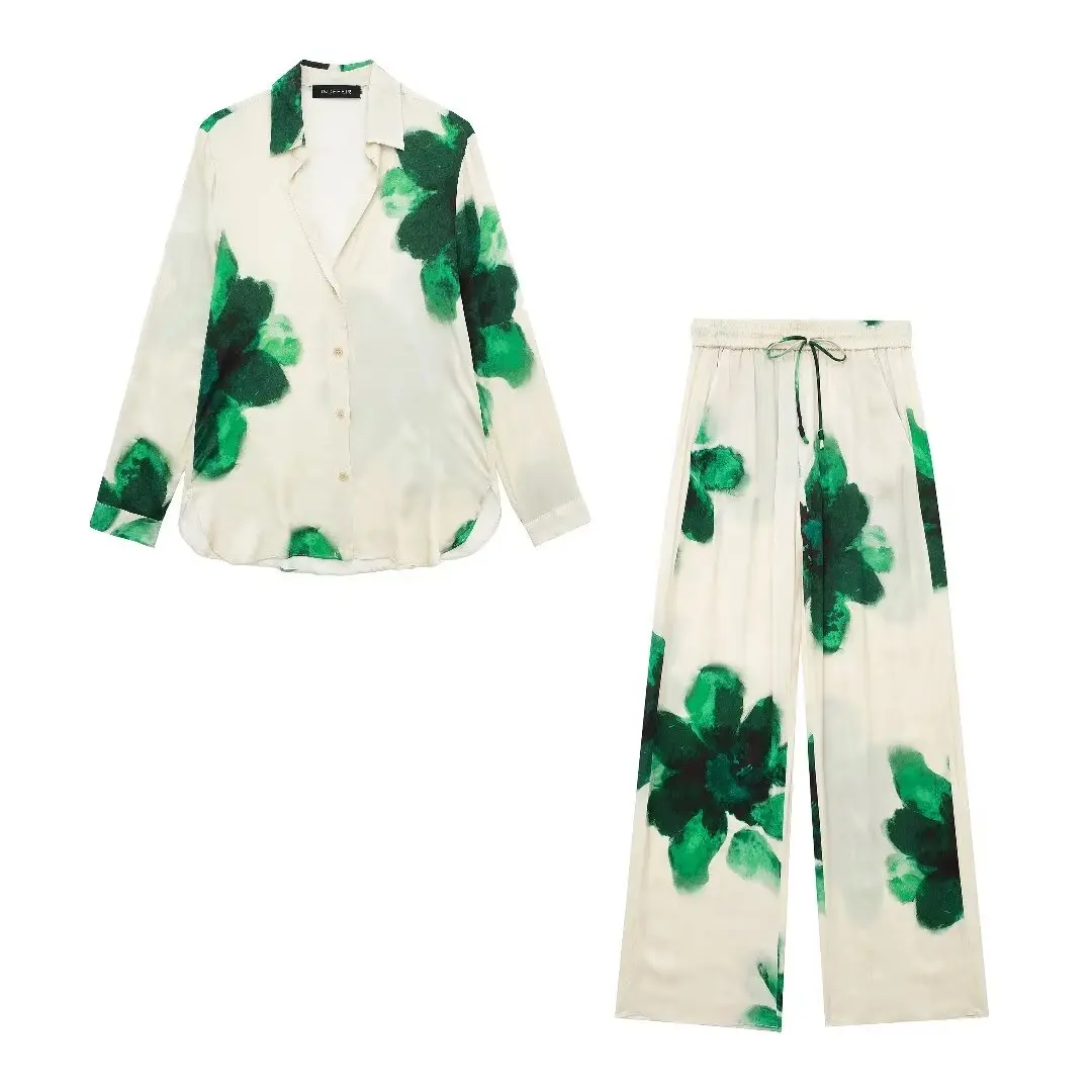 thumbnail image 1 of HH TRAF Trajes de verano para mujer, moda, estampado, cuello vuelto, mangas largas, camisas de un solo pecho, pantalones con cordones y cintura elástica para mujer, 1 of 5