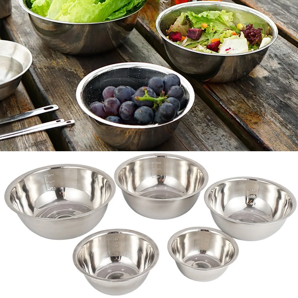 5Pcs Large Stainless Steel Bowl Mixing Bowl Basin With Scale Kitchen Camping BBQ Whisking Salad Cooking Baking Bowls Set