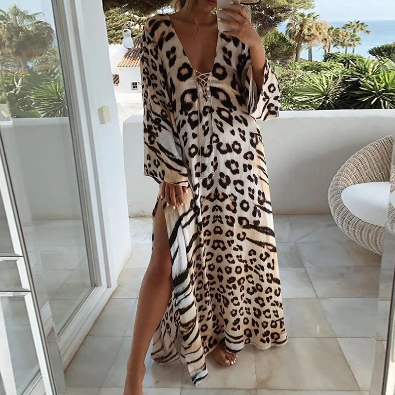 

Платье-трапеция с V-образным вырезом и расклешенными рукавами, Элегантное повседневное длинное праздничное платье с леопардовым принтом, с перекрестными шнуровками и высоким разрезом