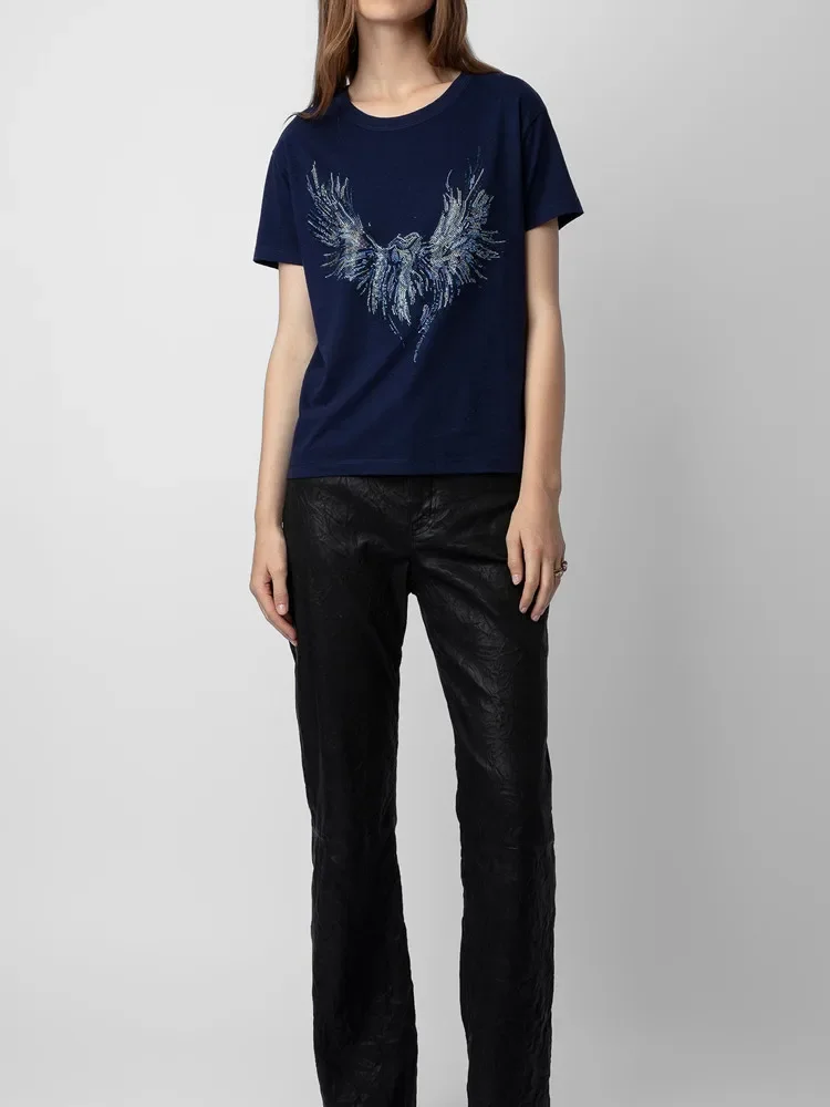 

T-shirt for Women 2023 New Summer Wing Hot Rhinestone Round-neck Breathable Loose Casual Short Sleeve Tee