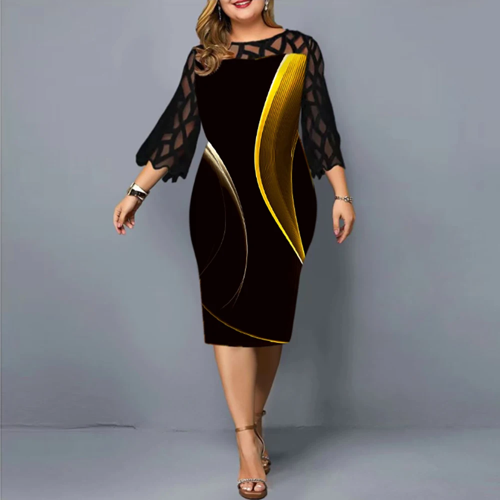 

Plus size fashionable digital printed women's pencil skirt lace 9/4 sleeve decorative O-neck wristband sleeve slim fit dress