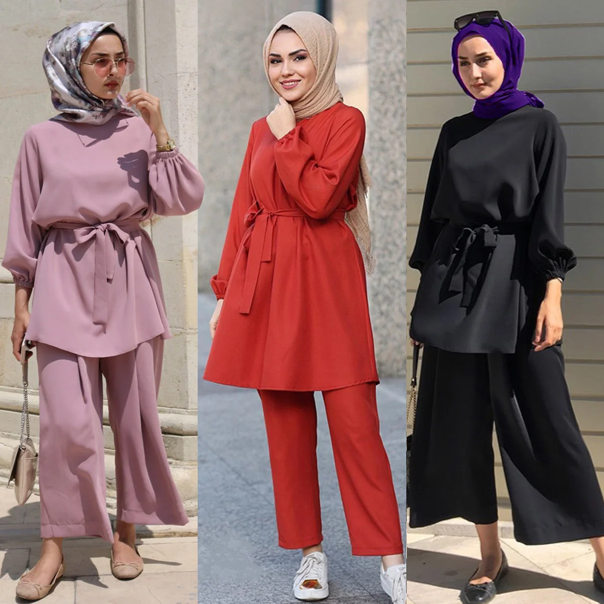 

Arab Muslim Women's Malay Indonesian Loose Casual Pants Set Fashion Pink Red Black Tops Pants 2 Pieces Set Women Clothing