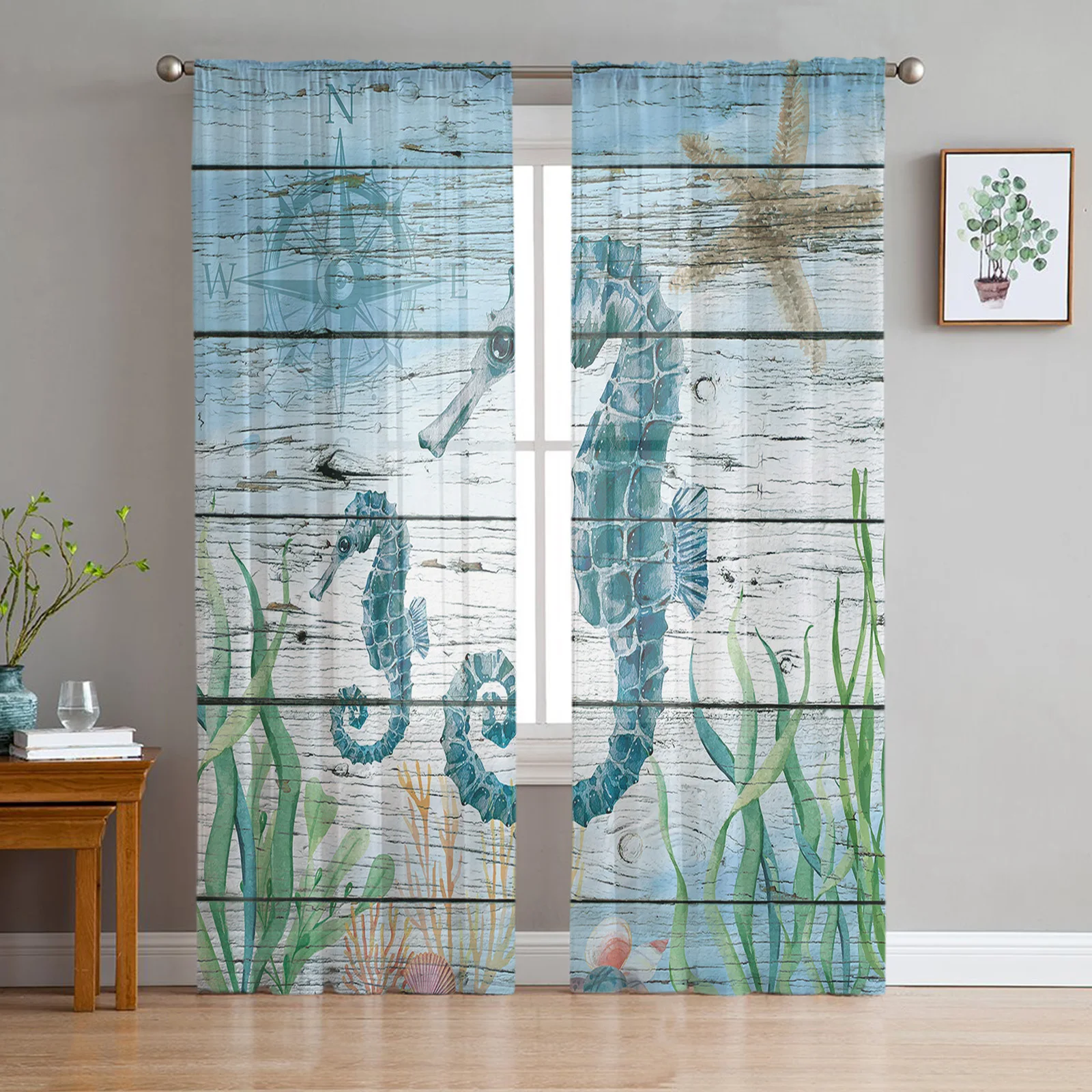 

Ocean Beach Coast Animal Seahorse Starfish Shell Living Room Tulle Curtains Bedroom Kitchen Voile Curtains Modern Sheer Curtains