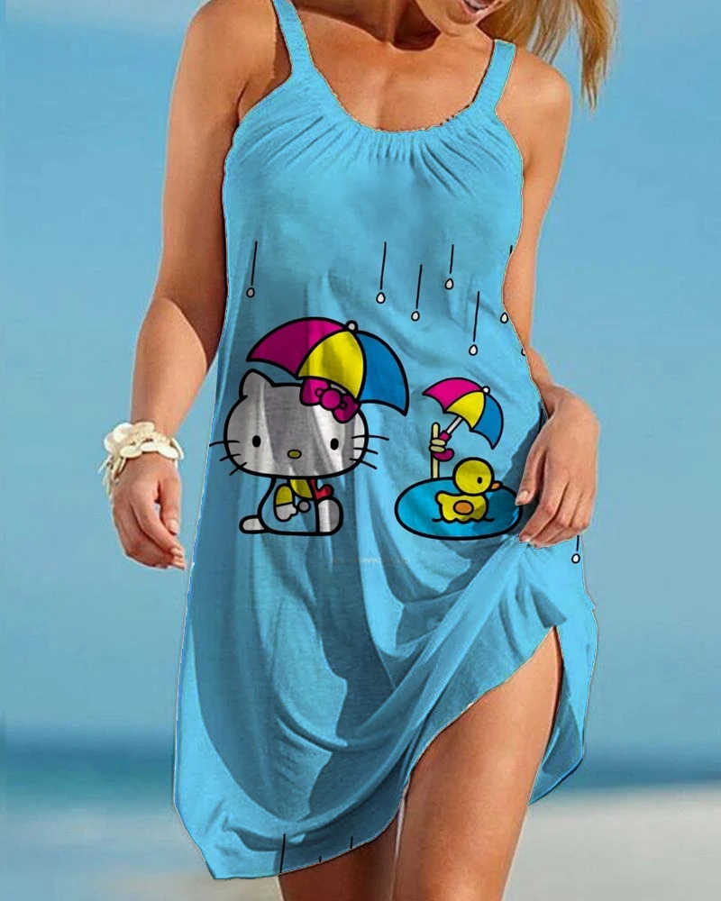

Hello Kitty 2023 Knee Length Dress Fashion Cartoon 3D Print O-Neck Pullover Women's Sleeveless Mini Dress Y2K