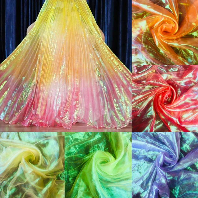Laser Tulle kain Organza kaca benang warna-warni neon kain kasa sutra tahap dekorasi pernikahan hiasan kepala bahan pakaian - AliExpress