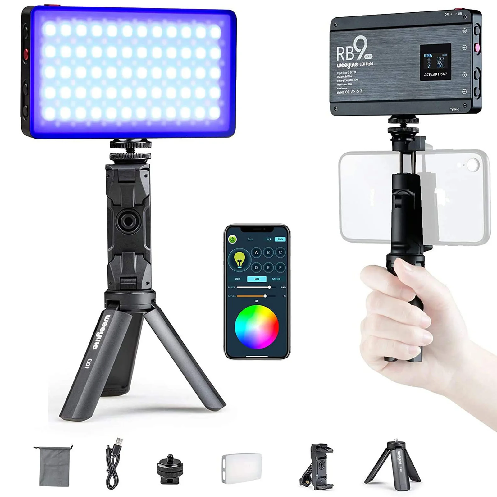 Weeylite RB9 RGB LED Light Panel Video Pocket Light with Tripod and Phone Holder Photographic Lighting for video shooting