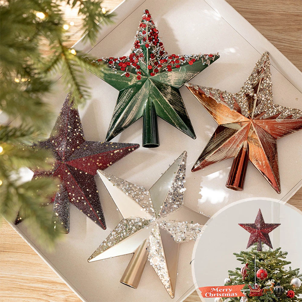 Christmas Tree Topper Star Gold Glitter Iron Red Sliver Stars Merry Christmas Decorations Xmas Tree Ornaments christmas tree decoration christmas star decoration